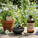 Nigella sativa plant with pale blue flowers, raw black seeds in a bowl, and a bottle of cold-pressed black seed oil, also called Black Cumin Seed Oil (Nigella sativa)