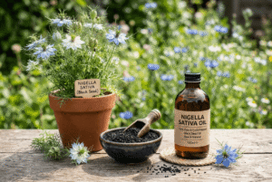 Nigella sativa plant with pale blue flowers, raw black seeds in a bowl, and a bottle of cold-pressed black seed oil, also called Black Cumin Seed Oil (Nigella sativa)