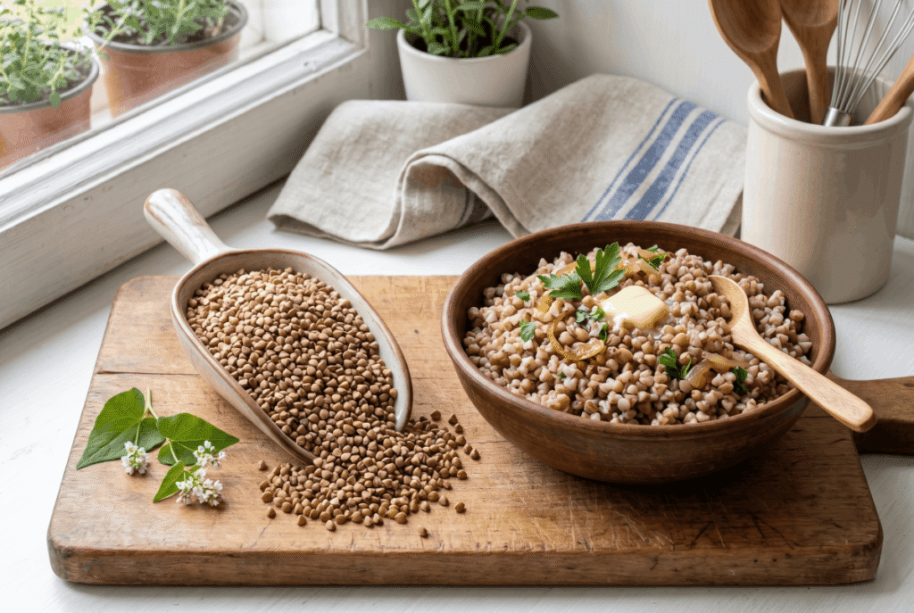Buckwheat &mdash; 1 cup of cooked (168 g) provides 4.5 g of fibe