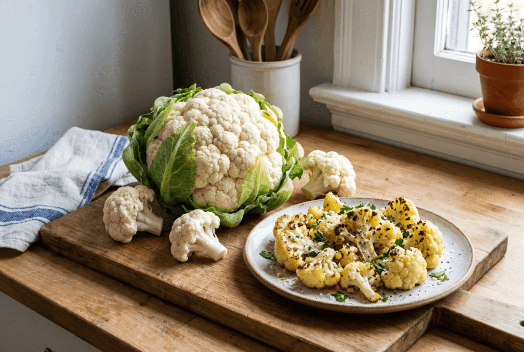 Cauliflower &mdash; 1 cup of raw (107 g) provides 2.0 g of fiber