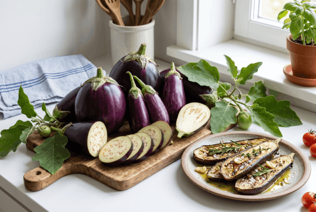 Eggplant (Aubergine) &mdash; 1 cup of cooked (99 g) provides 2.5 g of fiber