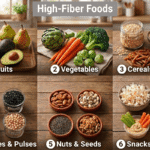 A diverse selection of high-fiber foods representing fruits, vegetables, whole grains, legumes, pulses, nuts, seeds, and healthy snacks.