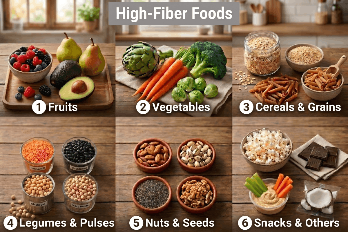 A diverse selection of high-fiber foods representing fruits, vegetables, whole grains, legumes, pulses, nuts, seeds, and healthy snacks.