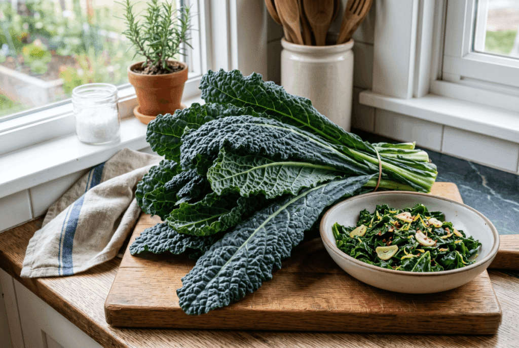 Kale &mdash; 1 cup of cooked (130 g) provides 4.0 g of fiber