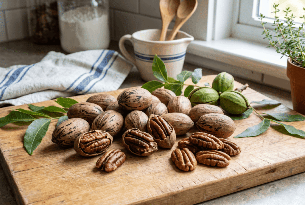 Pecans &mdash; 1 ounce (28.35 g) provides 2.5 g of fiber