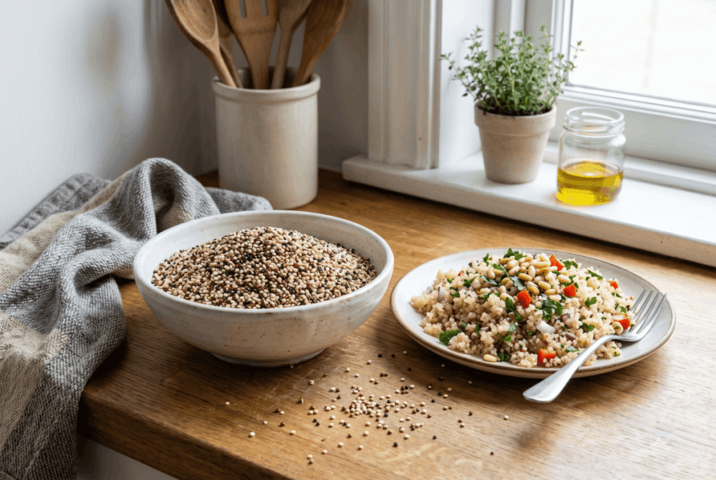 Quinoa &mdash; 1 cup of cooked (185 g) provides 5.0 g of fiber