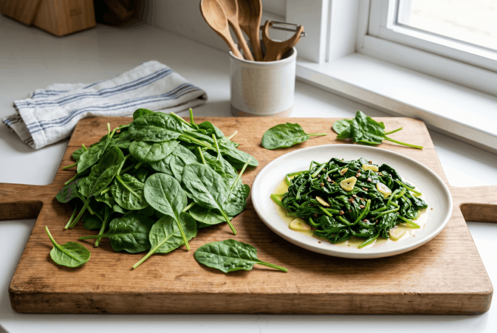 Spinach &mdash; 1 cup of cooked (180 g) provides 4.5 g of fiber