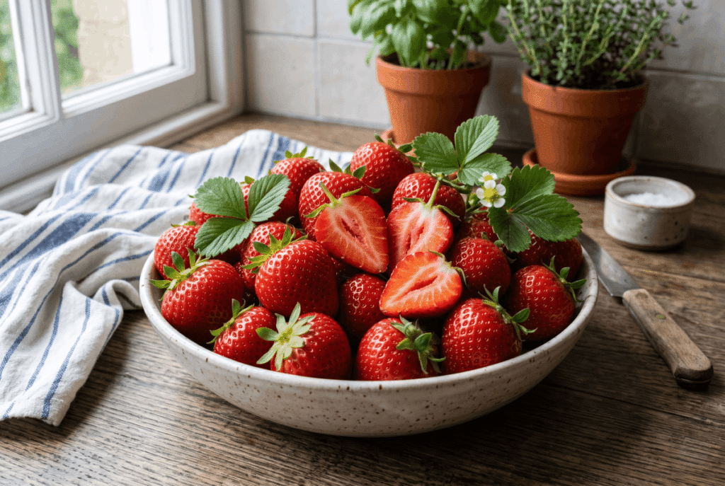Strawberries &mdash; 1 cup (144 g) provides 3.0 g of fiber