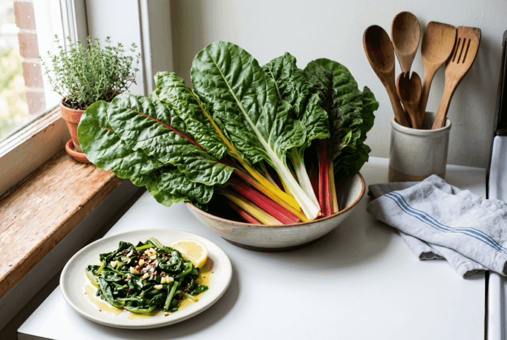 Swiss Chard &mdash; 1 cup of cooked (175 g) provides 4.0 g of fiber