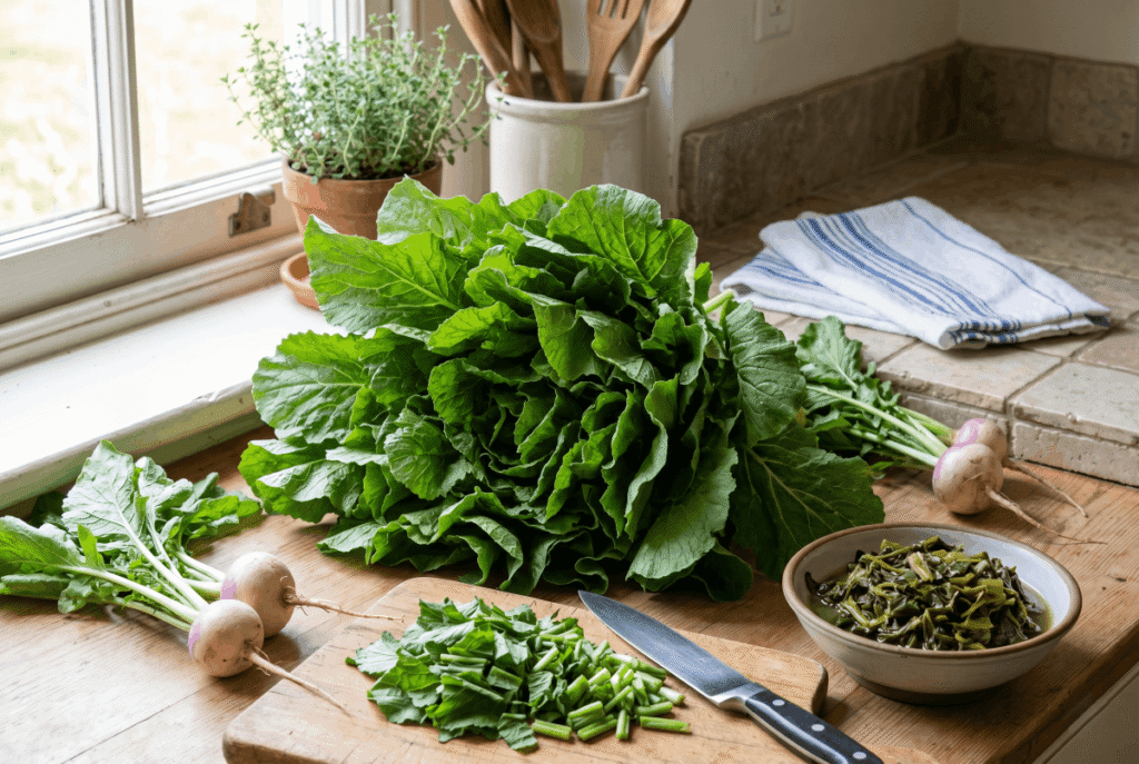 Turnip Greens &mdash; 1 cup of boiled (144 g) provides 5.0 g of fiber